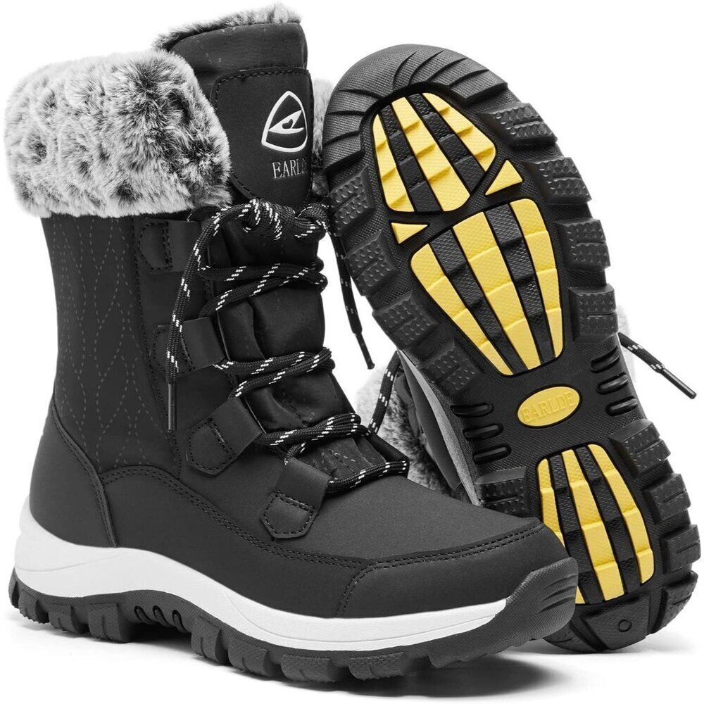 Women’s Black Waterproof Snow Boots Mid-Calf Faux Fur Lined Non-Slip